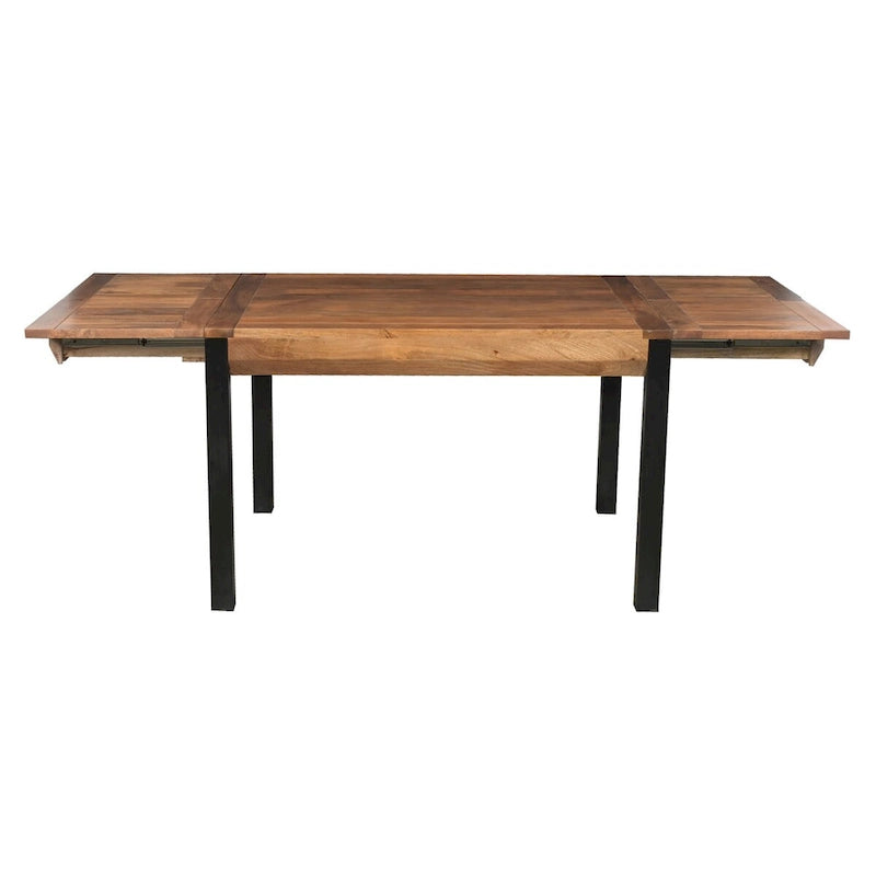 Table à manger extensible en bois de manguier massif avec pieds en fer noir, marron