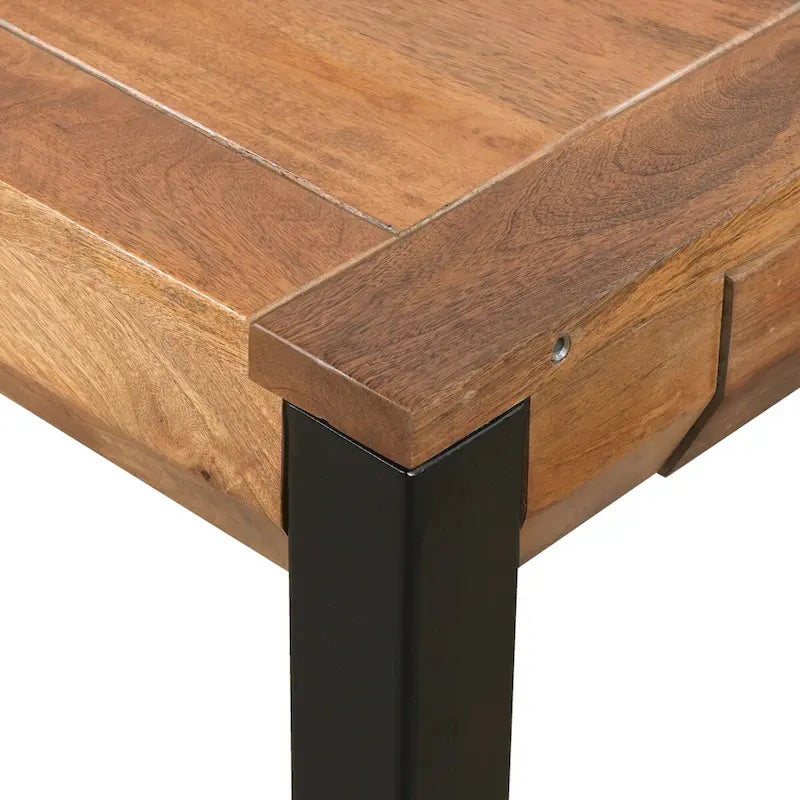 Table à manger extensible en bois de manguier massif avec pieds en fer noir, marron
