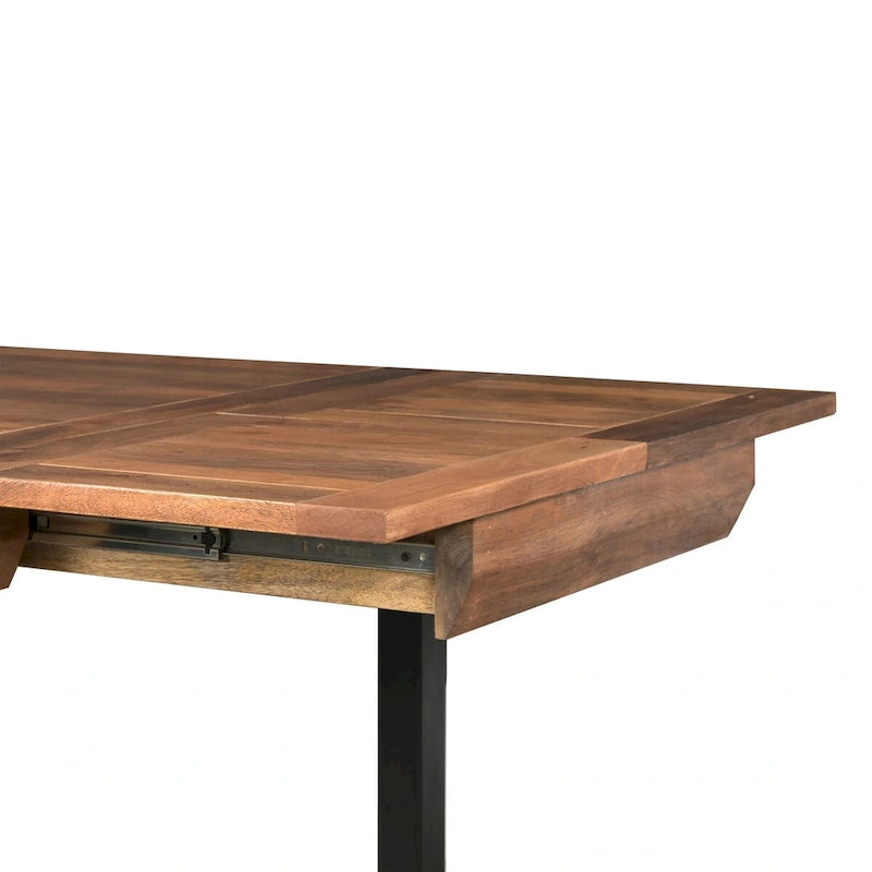 Table à manger extensible en bois de manguier massif avec pieds en fer noir, marron