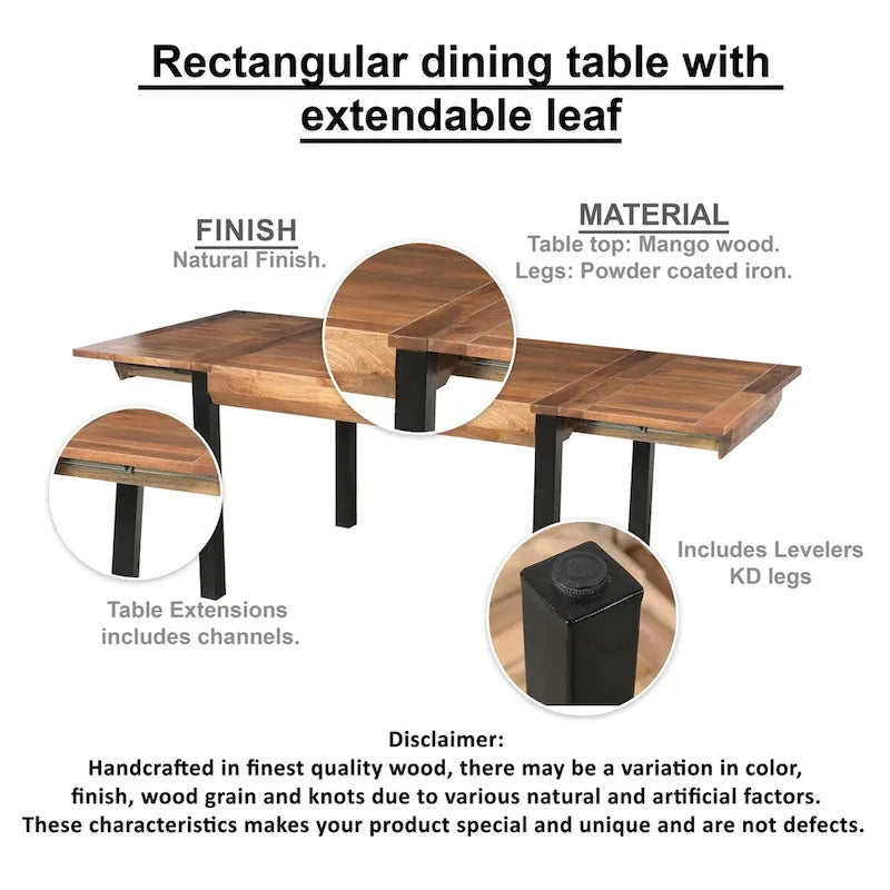 Table à manger extensible en bois de manguier massif avec pieds en fer noir, marron