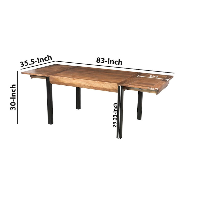 Table à manger extensible en bois de manguier massif avec pieds en fer noir, marron