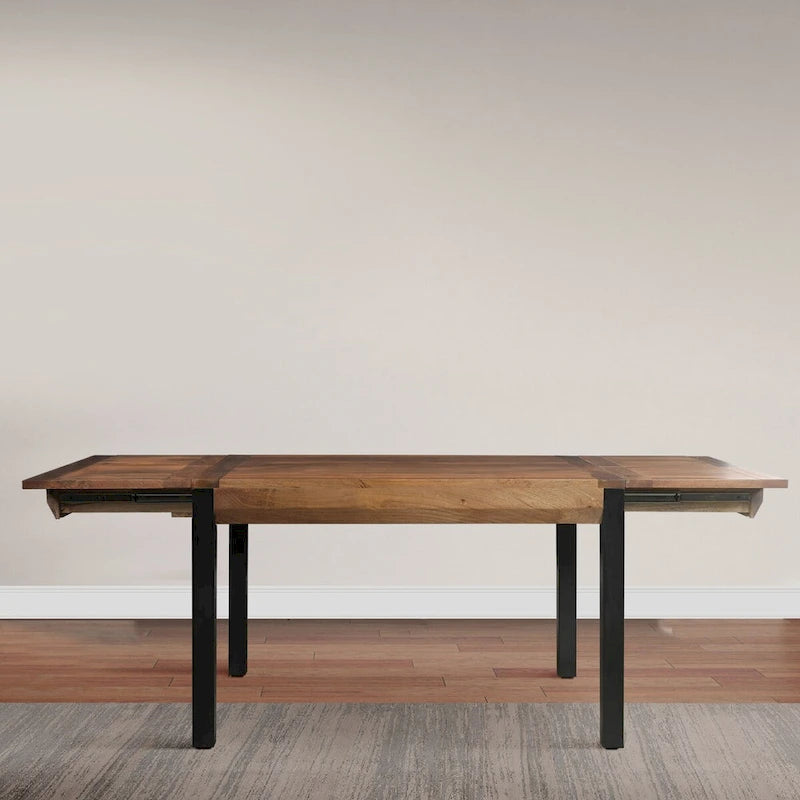 Table à manger extensible en bois de manguier massif avec pieds en fer noir, marron