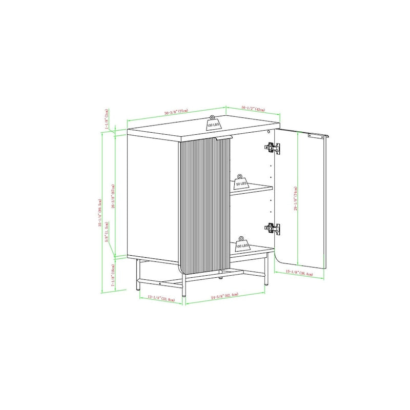 Meuble de rangement console avec portes cannelées, portes à fermeture douce et pieds en métal Chêne