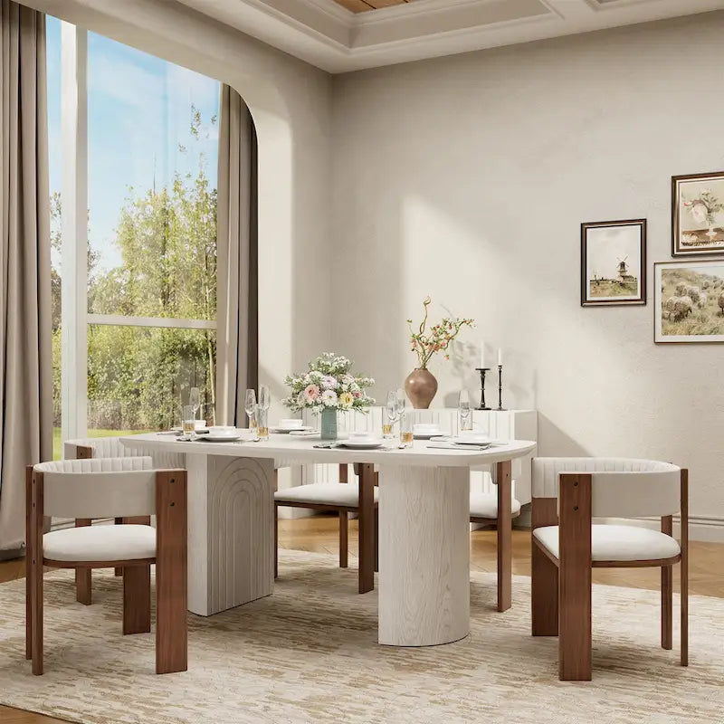 Table à manger ovale en bois manufacturé avec pieds colonnes, beige, 6 places