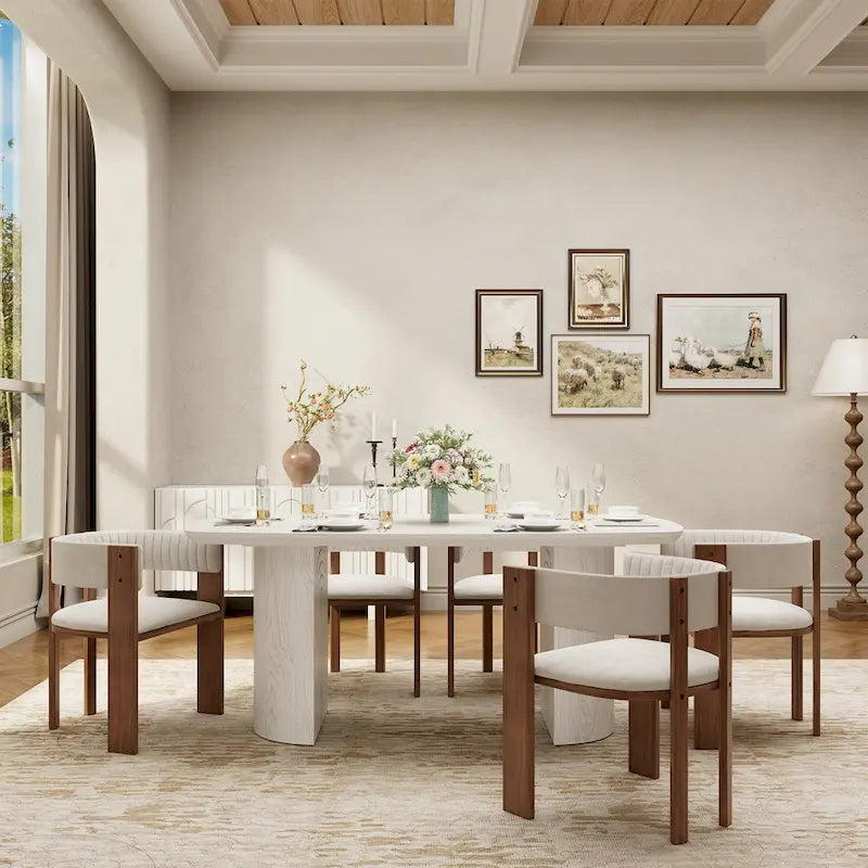 Table à manger ovale en bois manufacturé avec pieds colonnes, beige, 6 places