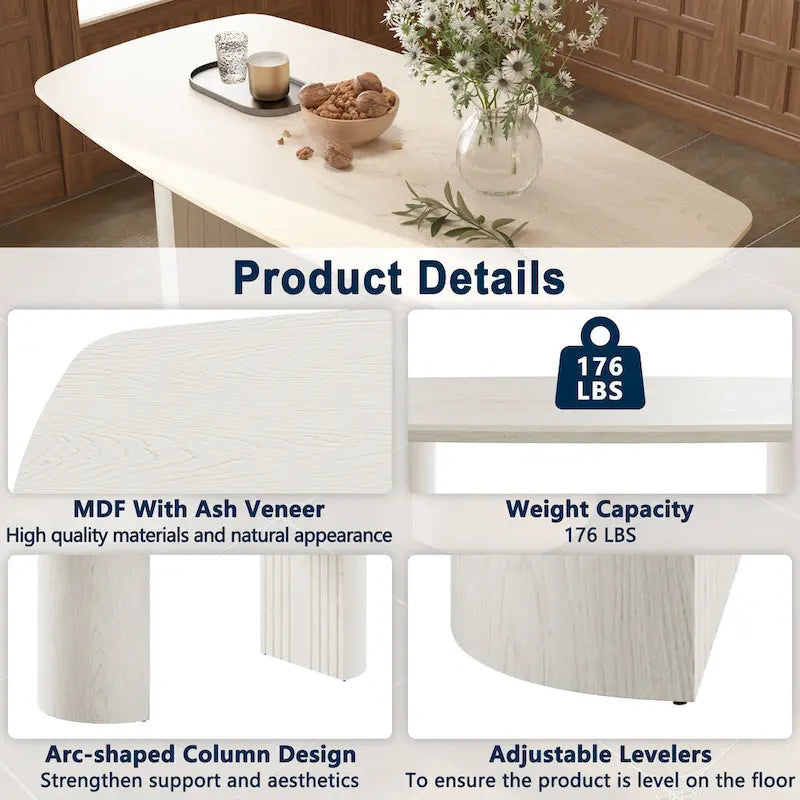 Table à manger ovale en bois manufacturé avec pieds colonnes, beige, 6 places