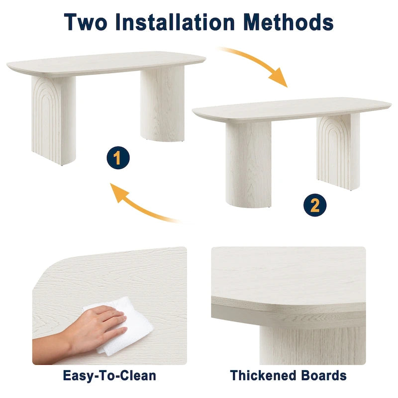 Table à manger ovale en bois manufacturé avec pieds colonnes, beige, 6 places