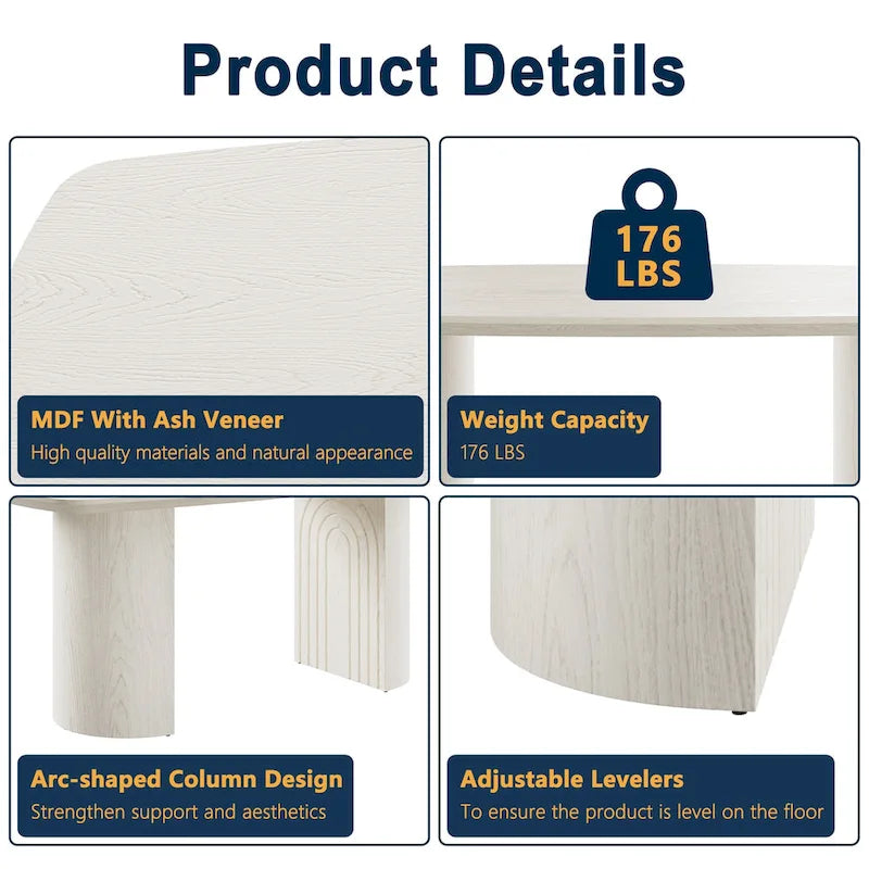 Table à manger ovale en bois manufacturé avec pieds colonnes, beige, 6 places