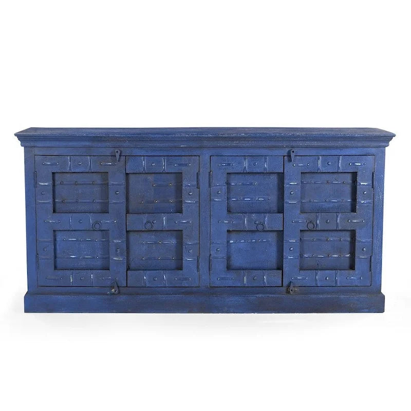 Buffet bahut industriel, vintage, rustique en bois recyclé bleu, à quatre portes