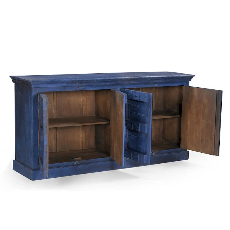 Buffet bahut industriel, vintage, rustique en bois recyclé bleu, à quatre portes
