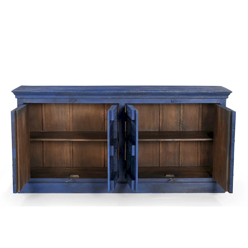 Buffet bahut industriel, vintage, rustique en bois recyclé bleu, à quatre portes