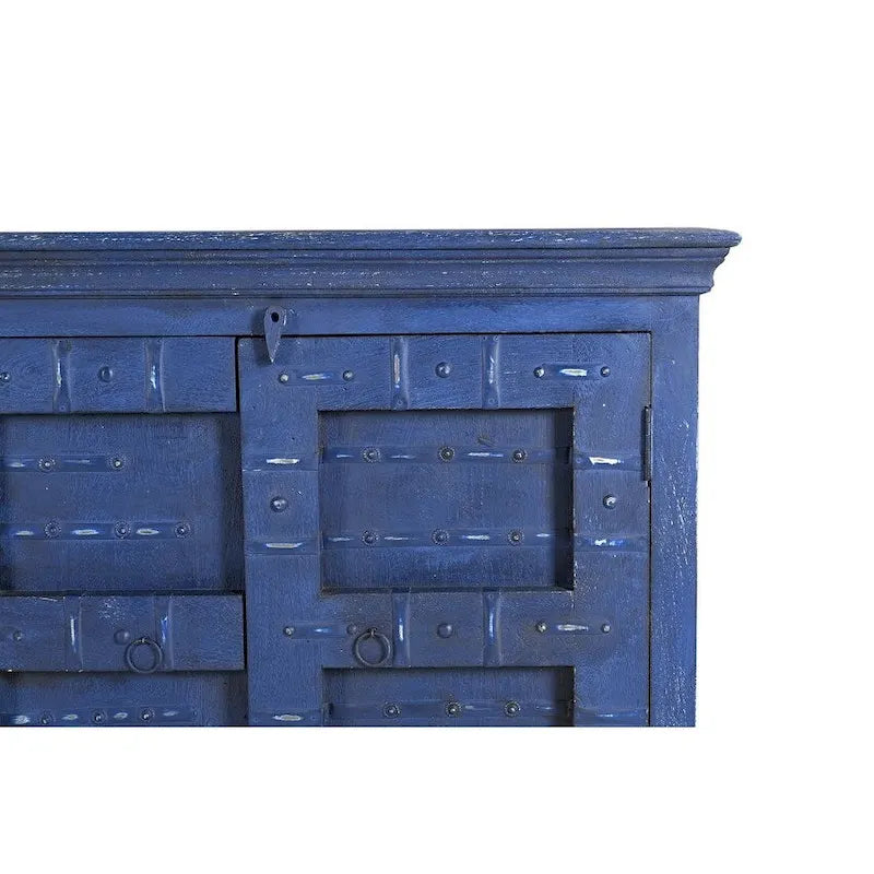 Buffet bahut industriel, vintage, rustique en bois recyclé bleu, à quatre portes
