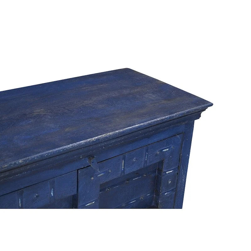 Buffet bahut industriel, vintage, rustique en bois recyclé bleu, à quatre portes