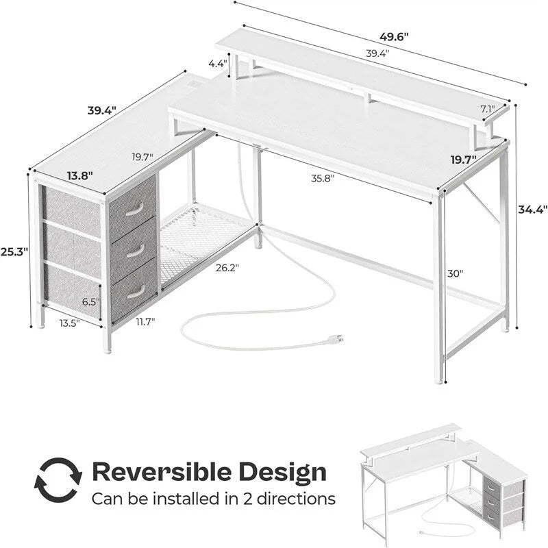 Bureau de jeu d'angle blanc en L avec lumières LED et tiroirs en tissu