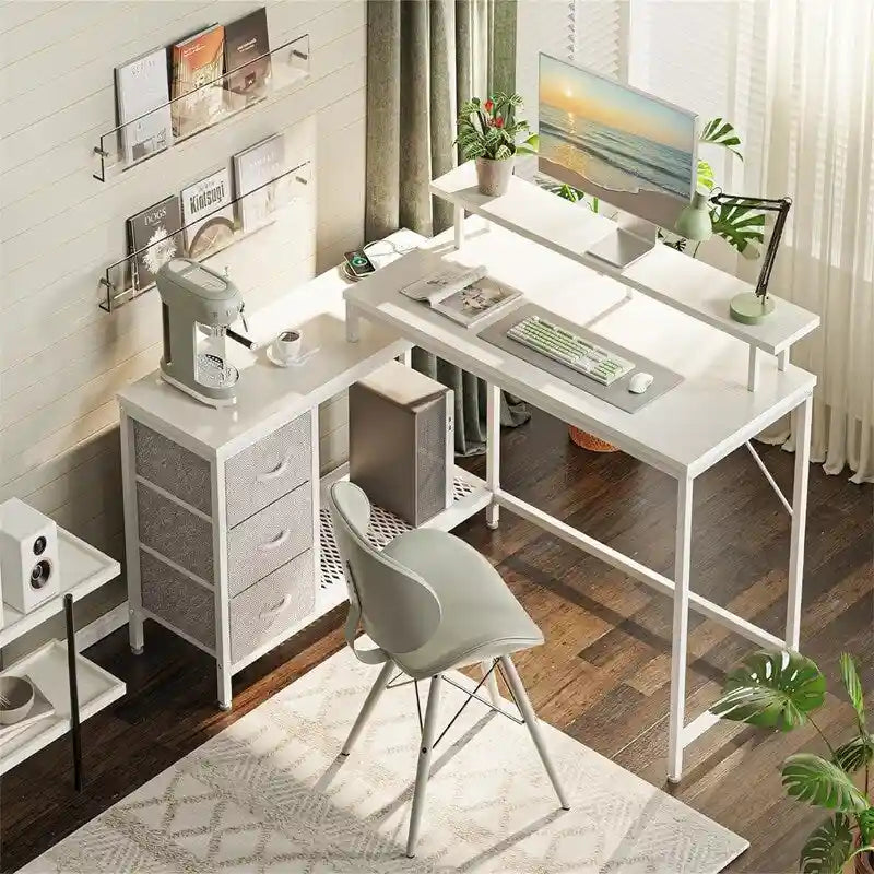 Bureau de jeu d'angle blanc en L avec lumières LED et tiroirs en tissu