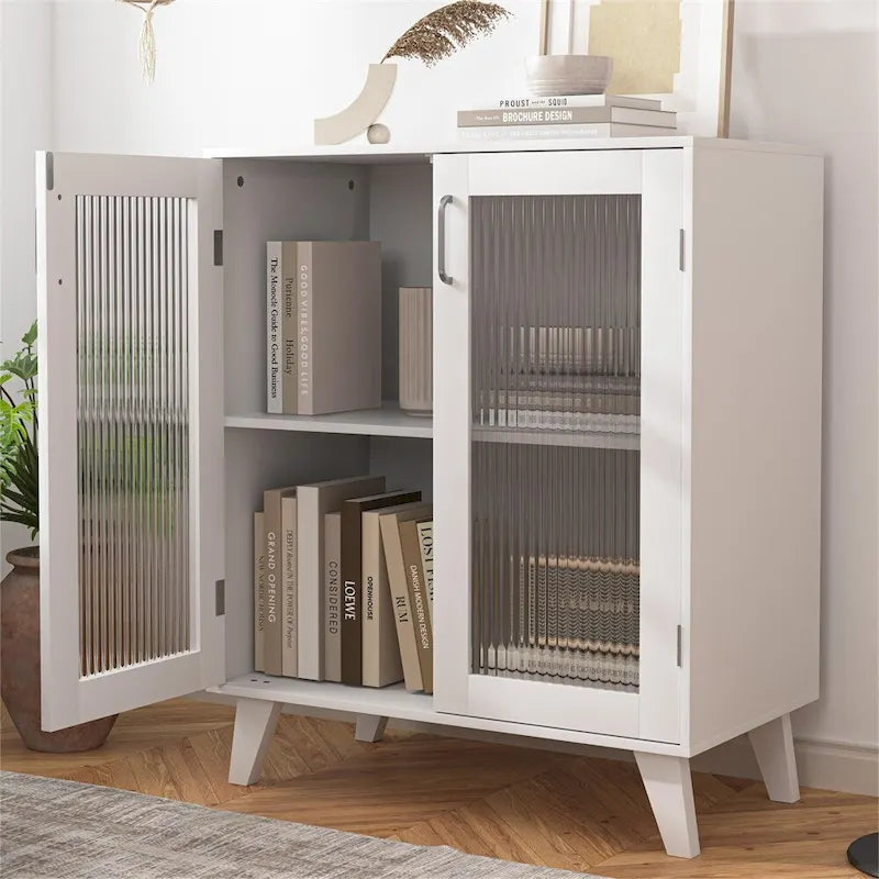 Buffet vaisselier en bois blanc avec portes vitrées et étagères réglables