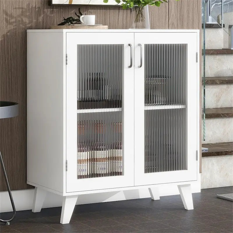 Buffet vaisselier en bois blanc avec portes vitrées et étagères réglables