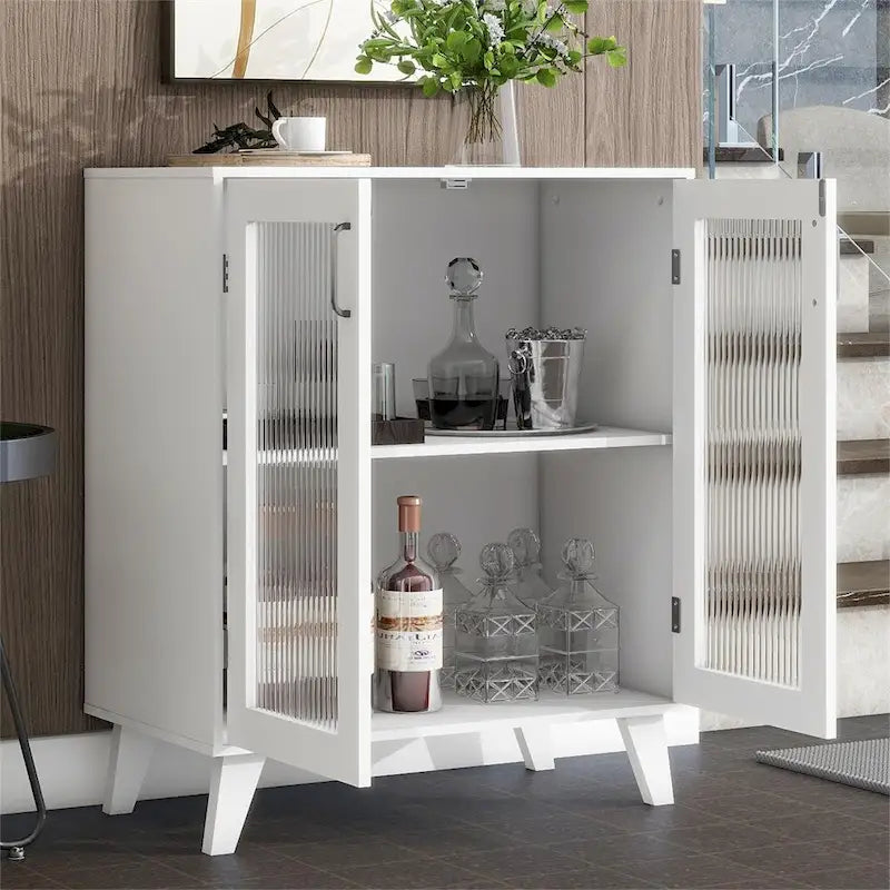 Buffet vaisselier en bois blanc avec portes vitrées et étagères réglables